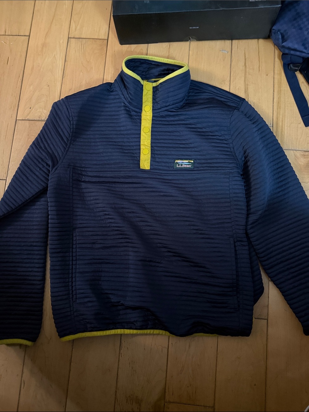 L.L. Bean Men’s Navy Quarter-Snap Pullover with Yellow Trim